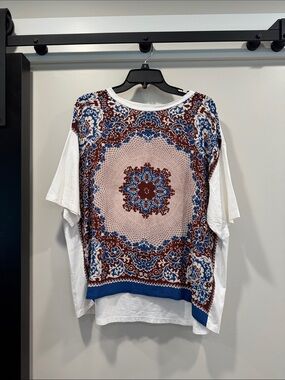 White Short-Sleeve Top with Blue and Brown Medallion Print